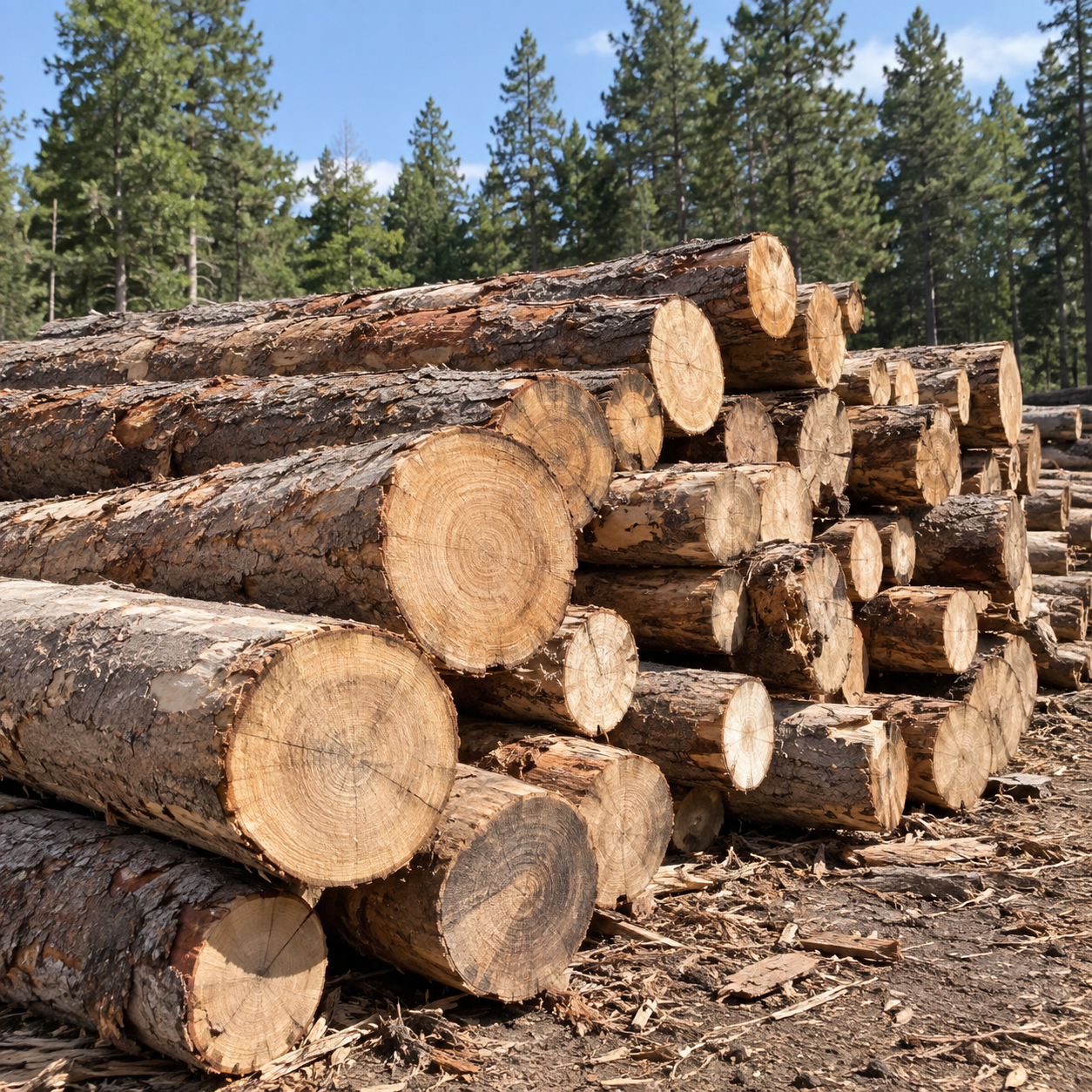 Large logs and roundwood ready for chipping