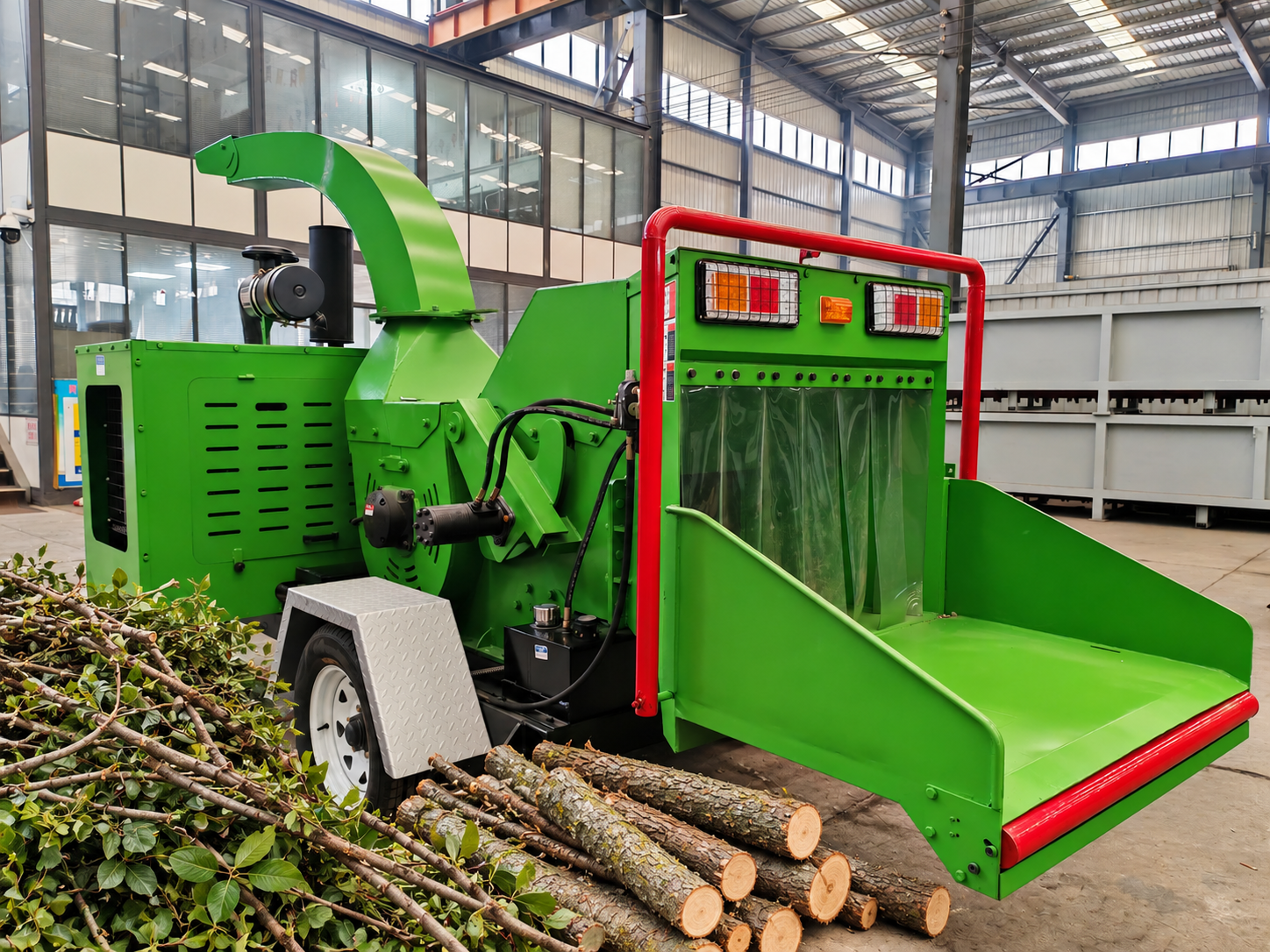 Green wood chipper beside clean branches and logs in a factory.