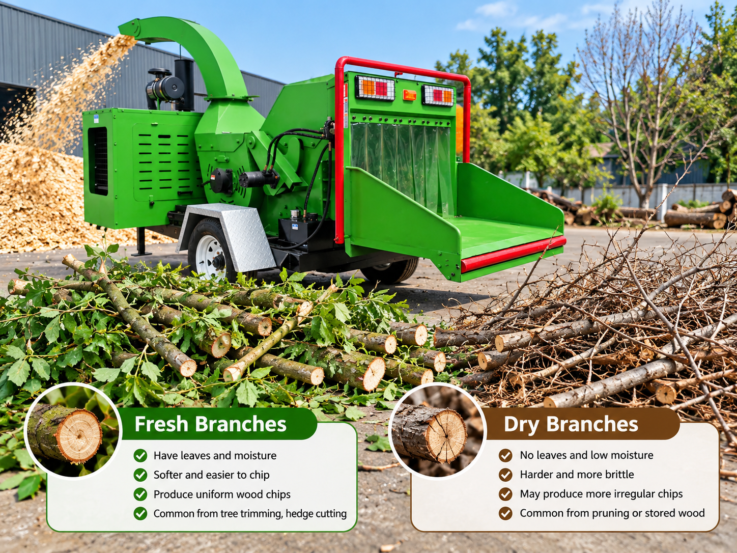 Fresh and dry branches compared beside a wood chipper.