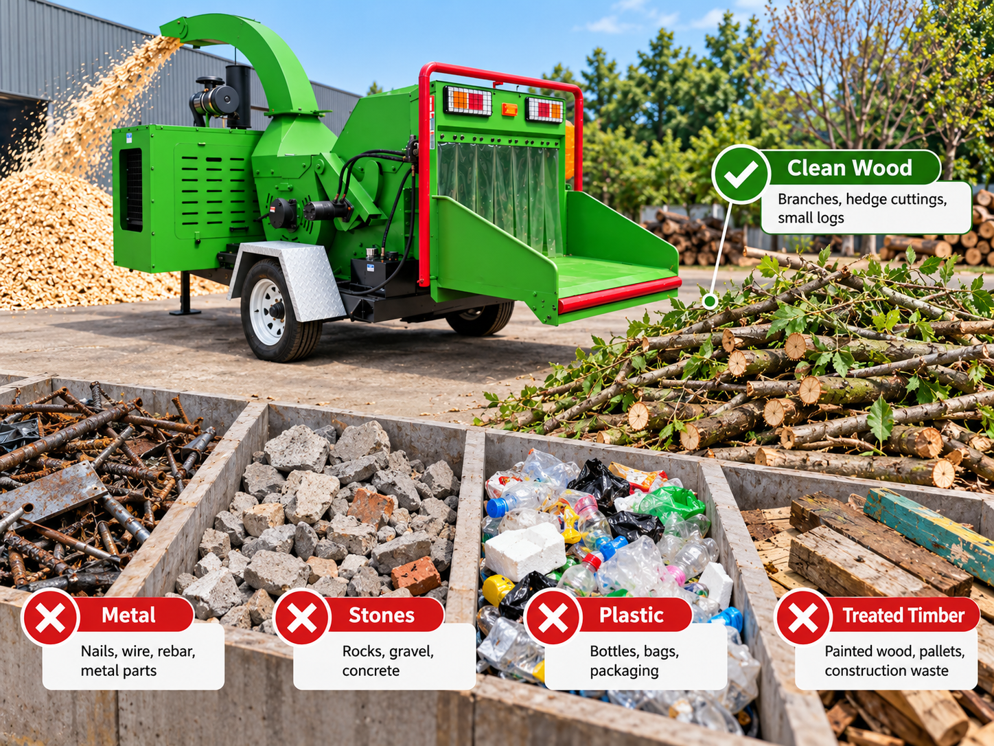 Clean branches for chipping, with metal, stones, plastic and treated timber excluded.