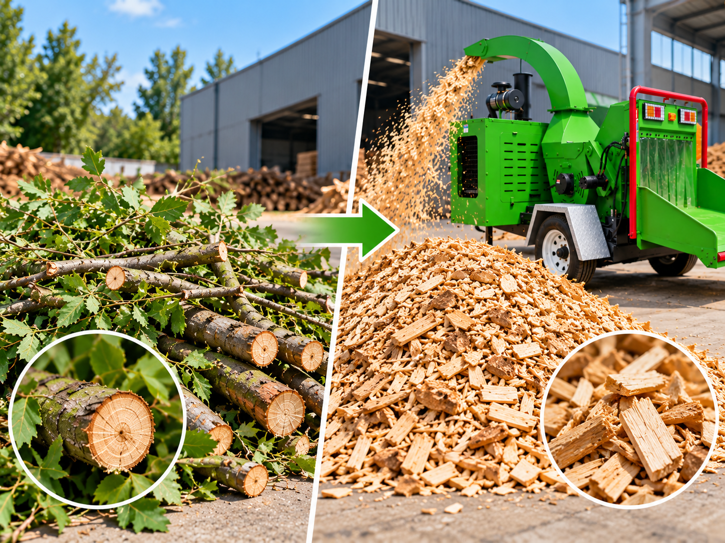 Branches processed into wood chips by a green wood chipper.